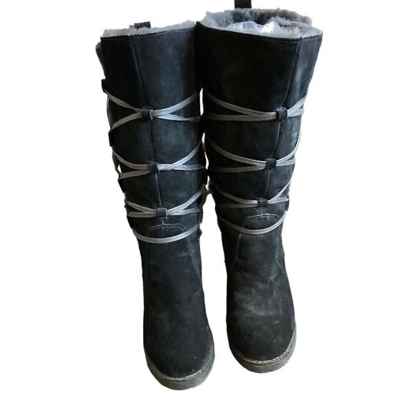 FLURRIES Black Sheepskin Lace Up Mid Calf Suede Wedge Winter Boots US 9 - Picture 2 of 7